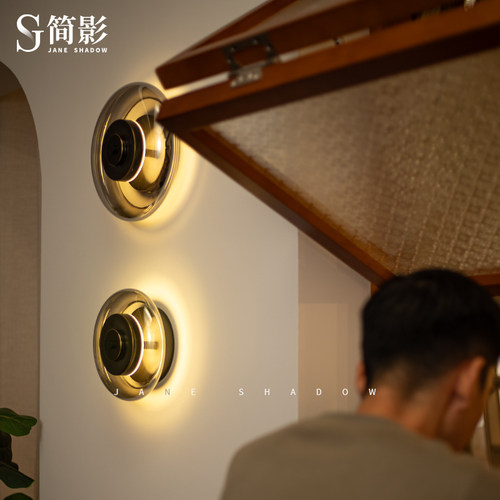 复古工业风黄铜玻璃壁灯设计师北欧客厅背景墙床头中古圆形灯具 - 图0