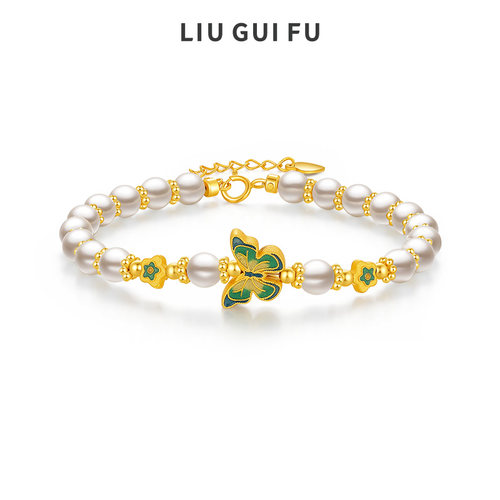 六桂福珠宝S925银手链女款翩翩蝴蝶人造珍珠手串情侣礼物物 - 图0