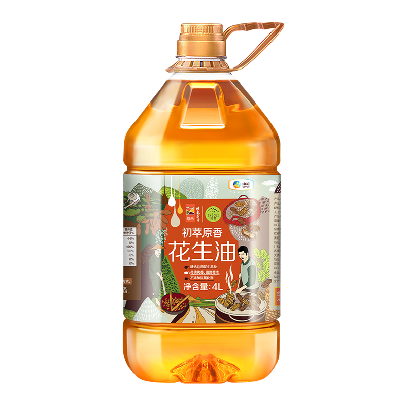 中粮初萃食用油原香花生油4L*1桶物理压榨营养香浓家用 - 图0