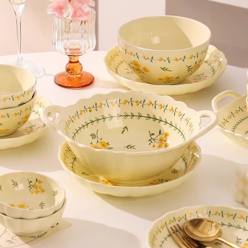 佩尔森双耳沙拉碗面碗家用2025新款汤碗高颜值大号水果酸奶釉下彩