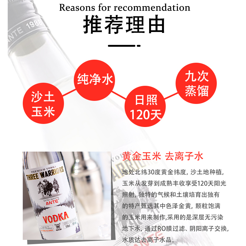 【正品行货】三勇士40度 烈酒蒸馏ANTE VODKA 原味伏特加500ml - 图1