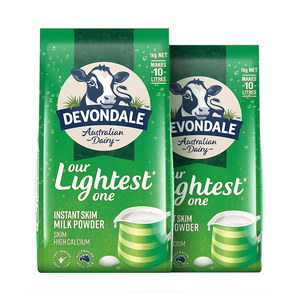 【进口】澳洲德运Devondale成人中老年脱脂牛奶粉1kg*2袋早餐冲饮