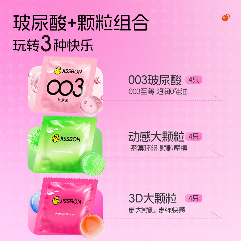 杰士邦超薄颗粒情趣玻尿酸水润三合一避孕套tt安全套12只装