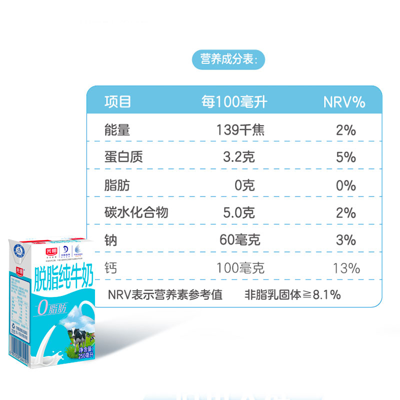 光明脱脂纯牛奶250ml*24盒0脂肪整箱装营养早餐奶家庭装