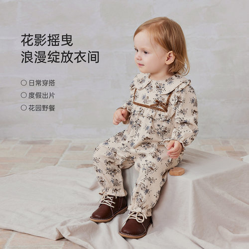 babylove女宝宝连体衣春秋棉莫微绒北欧风爬服婴幼儿复古文艺哈衣 - 图0