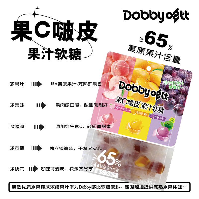 Dobby哆比果C啵皮水果软糖331g*1袋芒果水蜜桃葡萄果汁QQ零食喜糖 - 图2