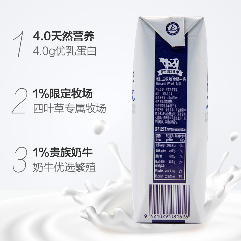 天猫超市新西兰原装进口牛奶纽仕兰4.0g乳蛋白全脂纯牛奶250ml*24盒早餐奶1