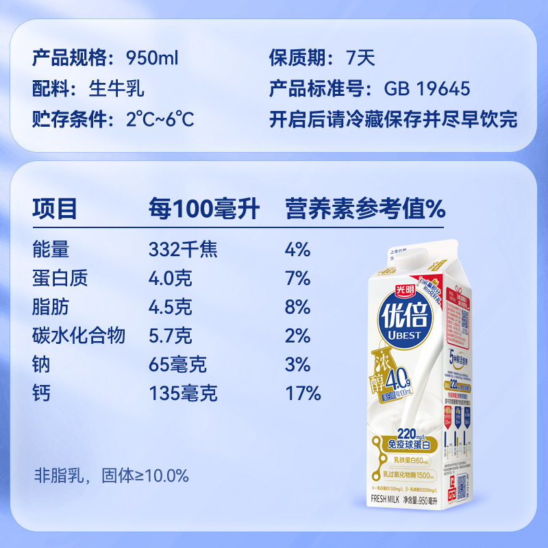 光明优倍浓醇4.0高品质鲜牛奶950ml*2鲜奶（上海产，保质期7天）-图2