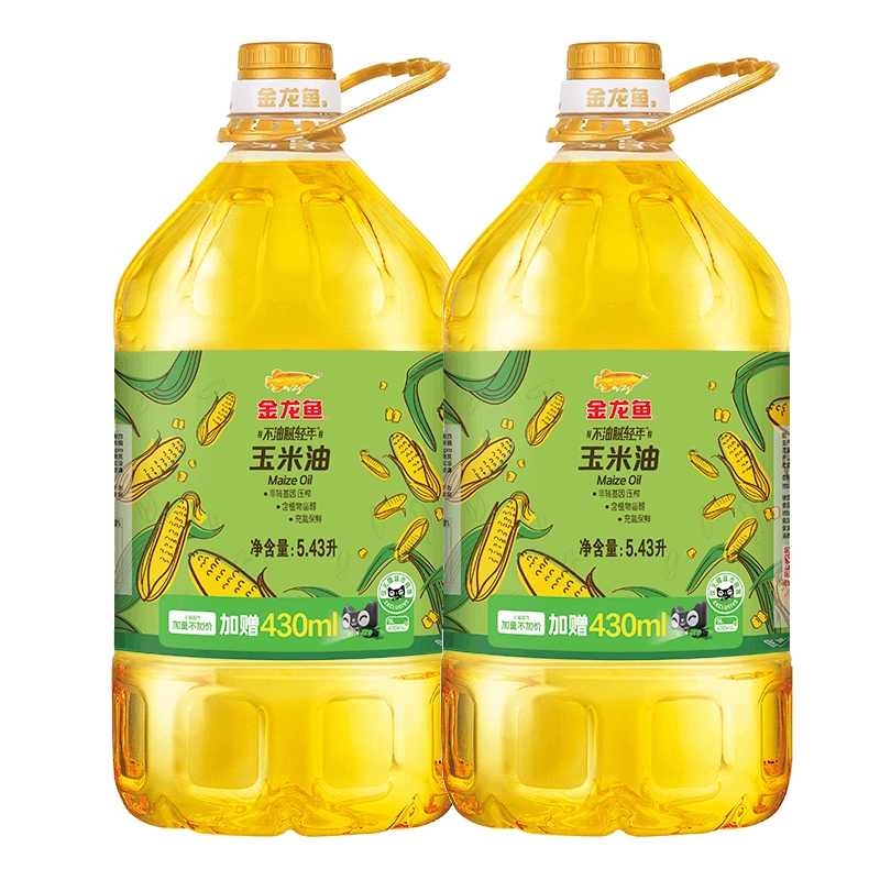 【加量不加价】金龙鱼不油腻轻年玉米油5.43L*2桶非转基因食用油