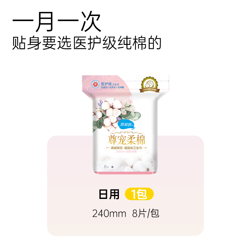 倍舒特进口纯棉医护级日用卫生巾240mm 8片×2包棉柔姨妈巾正品-图2