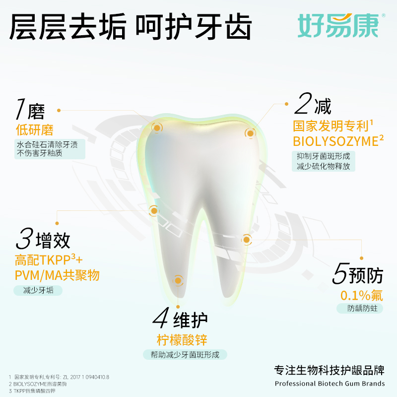 好易康牙膏改善去牙菌斑结石黄黑烟茶咖啡渍清新口臭气5支共400g