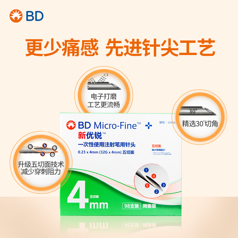 bd新优锐针头4mm胰岛素针头一次性使用注射笔用针头笔糖尿病98支 - 图0