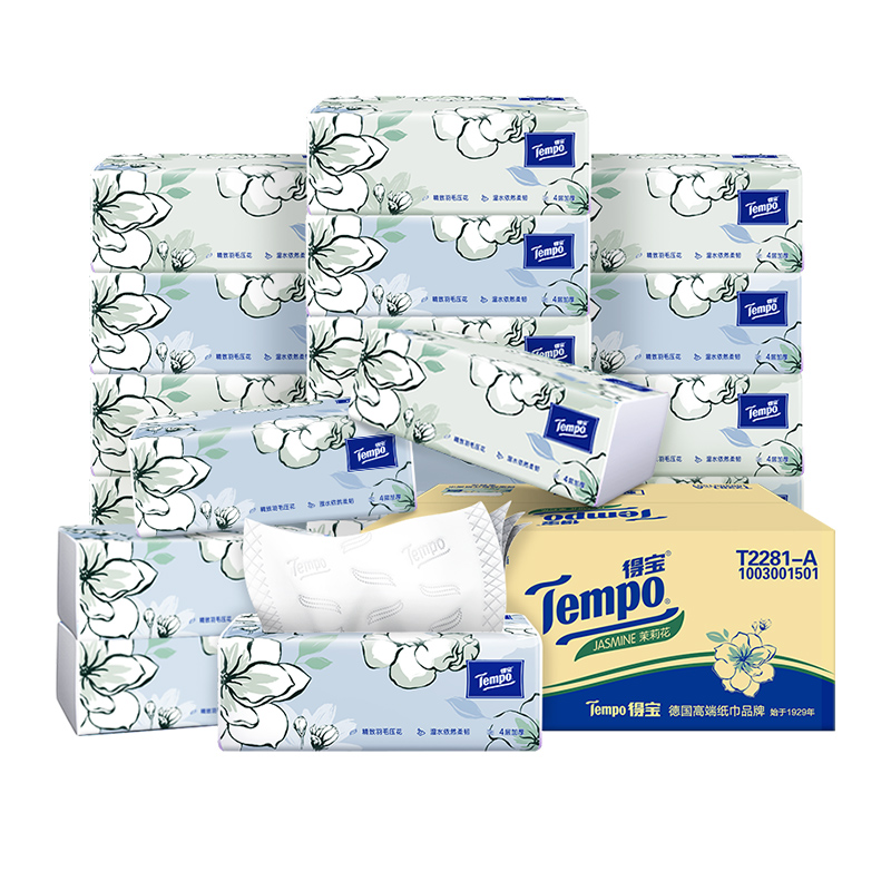 Tempo/得寶軟抽茉莉花香抽紙箱裝家用紙巾紙抽90抽*16包_天貓超市_洗護清潔劑_衛生巾_紙_香薰
