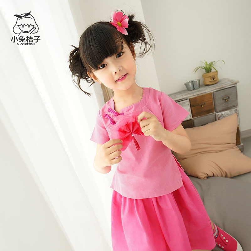 天然棉麻兒童短袖漢服上衣寶寶唐裝衣服女童夏裝大童中式復古旗袍