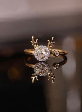 会旋转的小鹿戒指女小众设计感新款潮个性指环鹿角麋鹿食指戒