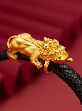 金版皮绳貔貅手链越南沙金男款吞金兽貔貅转运招财黑色编织手绳