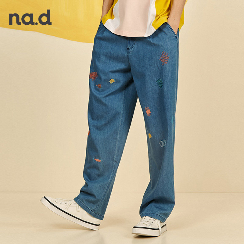 nad刺绣花薄款阔腿直筒宽松牛仔裤 nad牛仔裤