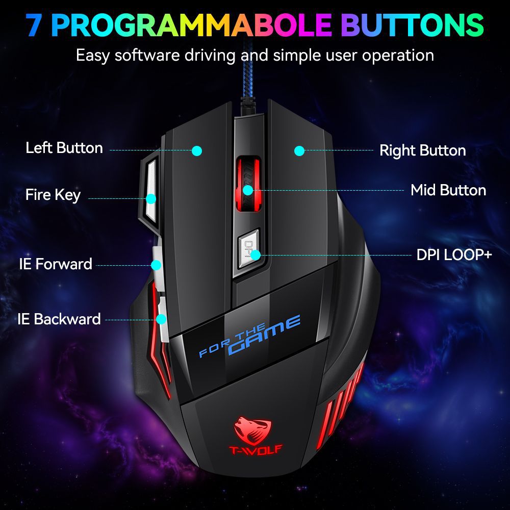 T-WOLF Thunderwolf M1 gaming mouse wired e-sports mechanical luminous boy big mouse 7-button mouse factory