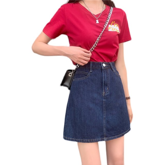 Pocket plus size denim skirt for fat mm Korean style high waist