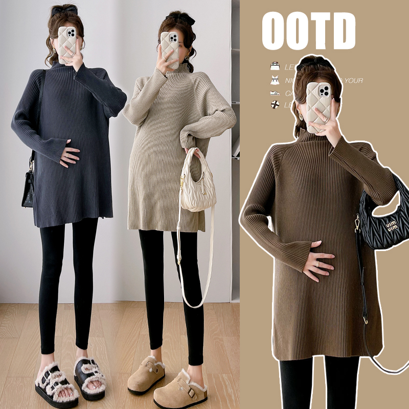 大码孕妇毛衣女打底衫秋冬中长款半高领连衣裙百搭上衣潮妈200斤 - 图1