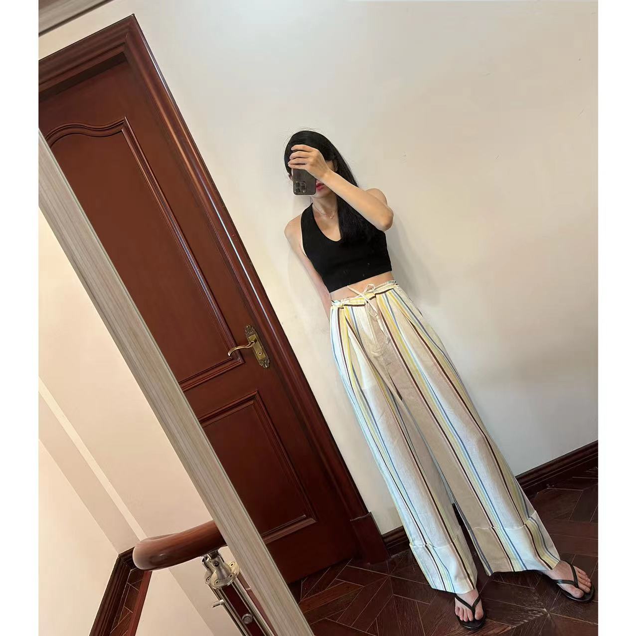 现货~ 一眼爱!hi~d水洗阳光彩色条纹亚麻套装 背心/卷边阔腿裤 - 图0