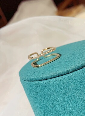 S925纯银镀14K金双层开口戒指女 高级感镶钻气质可调节食指戒指环