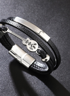 欧美跨境朋克皮革手环潮男流行吉他PU皮手链时尚多层编织磁扣手环