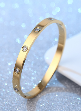 跨境时尚情侣十钻钛钢手镯潮流满天星满钻钛钢首饰定制不锈钢手环