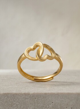 不掉色火烧金心连心戒指女简约内外同色沙金双心形爱心开口食指戒