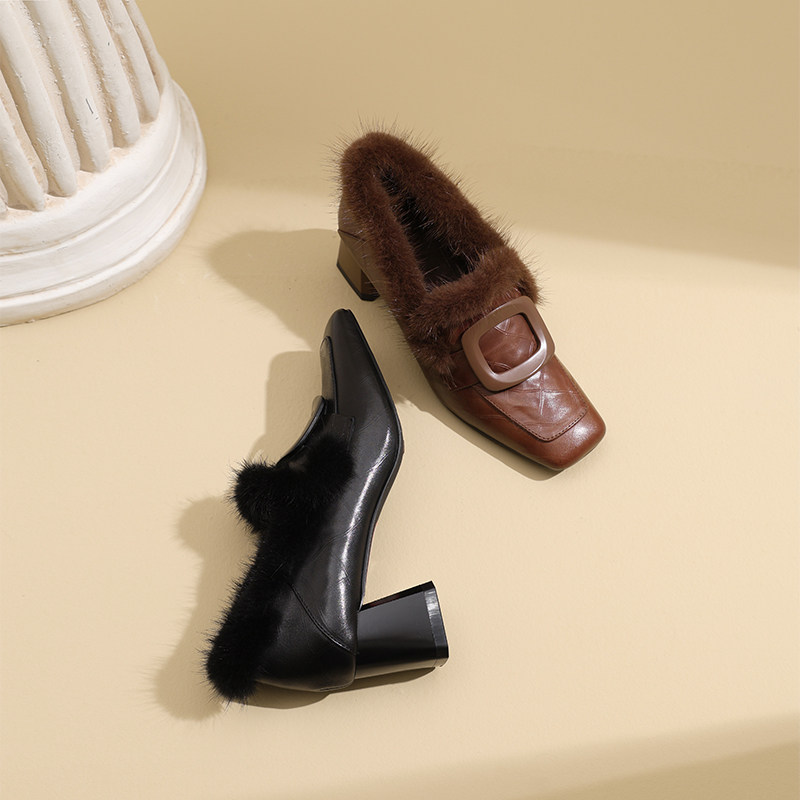 AMEINOR冬季通勤毛毛鞋2025新款方头皮带扣真皮加绒高跟单鞋粗跟,淘宝优惠券,粉丝福利购,淘宝优惠卷