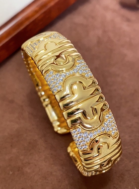 宫廷中古弹力手镯925银镀厚金镀真金镶嵌满钻回形针式手镯宽16mm