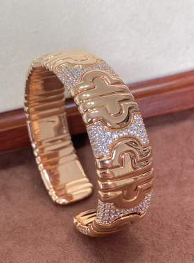 复古中古弹力手镯925银镀厚金镀真金镶嵌满钻回形针式手镯宽16mm