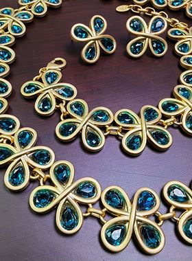 繁花复古中古风Vintage蓝色水晶四叶草花花项链手链耳钉套装
