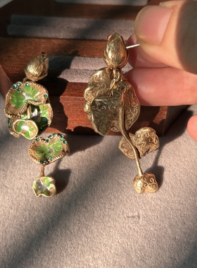金秋残荷绿色荷叶花苞耳环中古vintage复古铜镀金高品质独特耳环