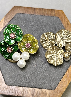 中古复古绿色珐琅釉珍珠耳钉绿荷叶优雅花朵百搭气质耳环