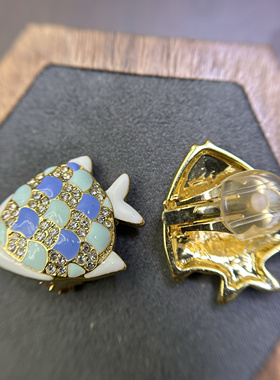 复古珐琅蓝色小鱼耳夹无耳洞可戴黄铜镀金高货