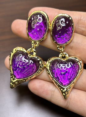 欧美复古vintage中古风紫色爱心耳环女小众设计感高级气质耳钉