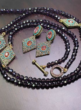 中古vintage耳饰复古风捷克宝石水晶简约百搭菱形耳钉项链女