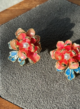 中古vintage耳环珐琅釉花朵耳钉小众复古气质新中式风格耳饰
