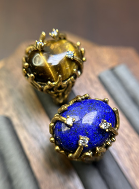 铜镀俄金天然石复古做旧戒指开口可调节大气百搭