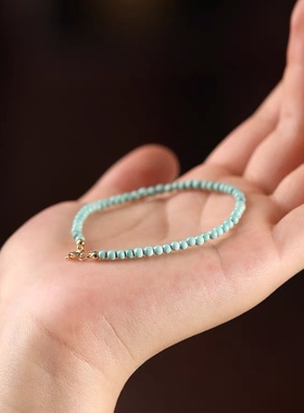 极细2mm天然原矿石无优化小绿松石手链女单圈手串14k金文玩超细夏