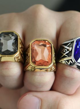 海腾饰品欧美风格个性大宝石共济会 AJ钛钢戒指男   潮流嘻哈手饰