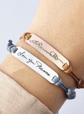 跨境热销镜面抛光钛钢弯片皮绳编织手链不锈钢弯牌蜡绳可调节手绳