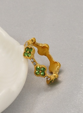 欧美轻奢钛钢18K金微镶彩钻花朵花瓣戒指 清新甜美四叶草百搭