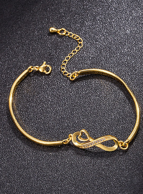 日韩镶钻玫瑰金银色桃心交叉8字爱心刻字手链女潮流手环时尚手镯