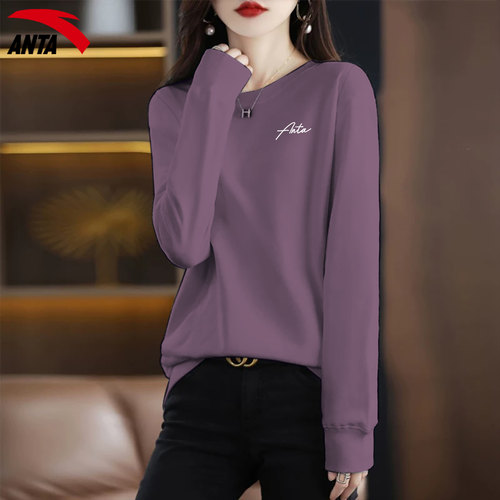 安踏卫衣女士圆领休闲宽松时尚简约纯色2026秋季新款正品运动服女 - 图0