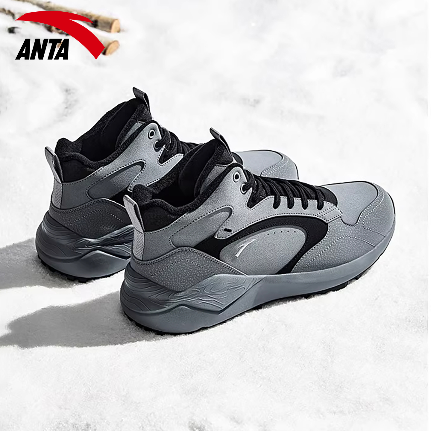 安踏休闲鞋男士棉鞋加绒保暖高帮皮面2025冬季新款户外轻便运动鞋 - 图0