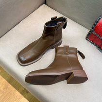 100 hitch square head low heel short boots lady autumn winter new Korean version soft leather comfort 100 hitch back zipper spring autumn single boot