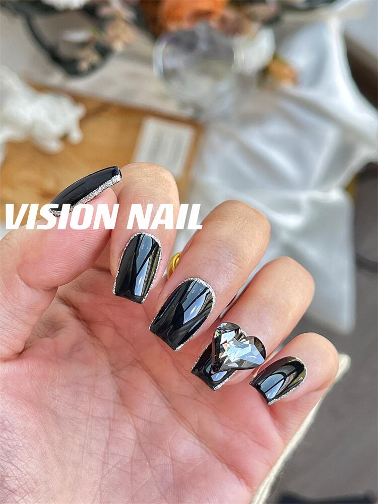 VISION NAIL施华洛黑色美甲贴片成品可拆卸手工穿戴甲片-图1