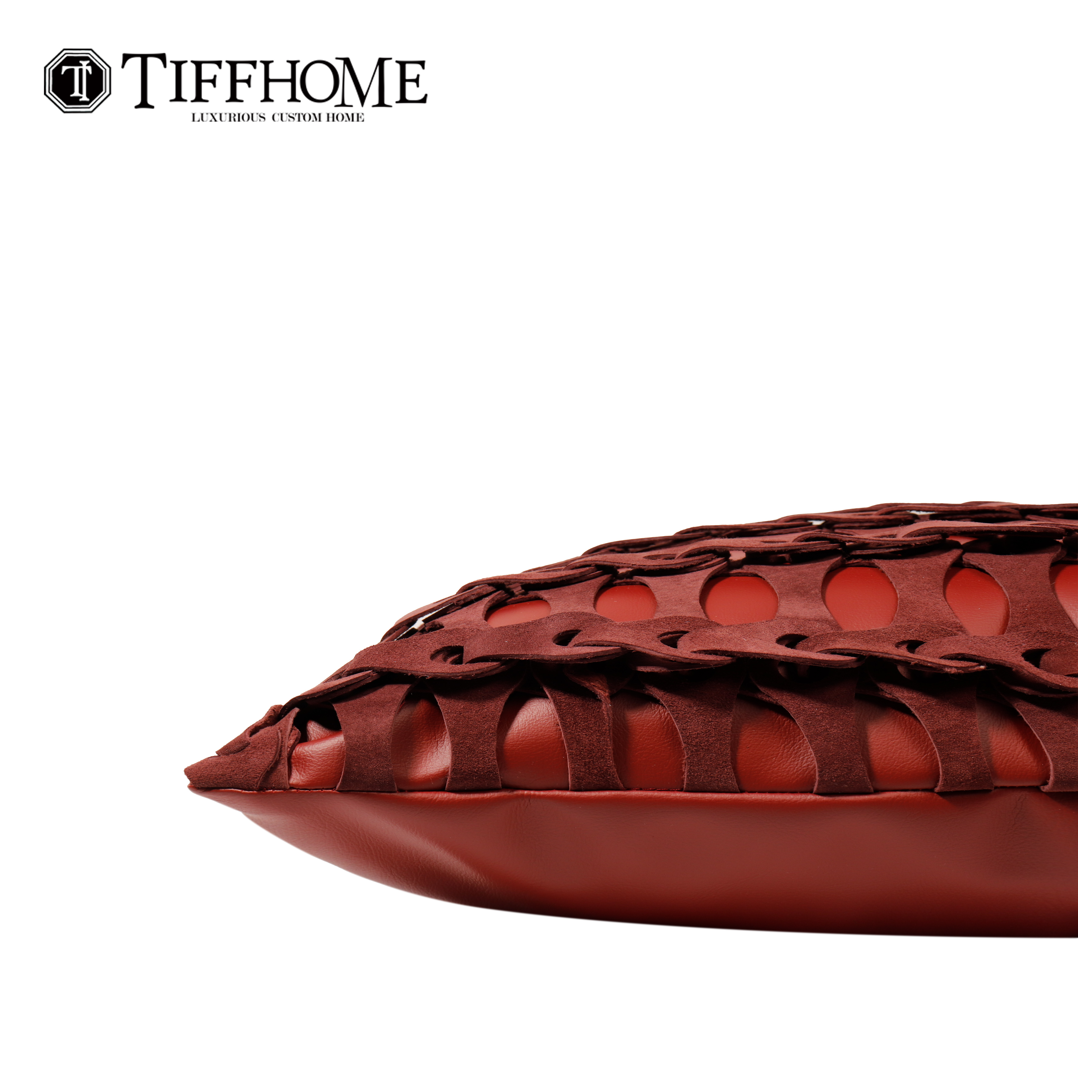 蒂芙家居轻奢样板间红色皮革手工编织麂皮绒沙发客厅抱枕床上靠枕 - 图2